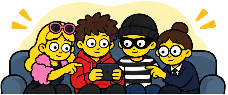 Four friends on a couch sharing one phone