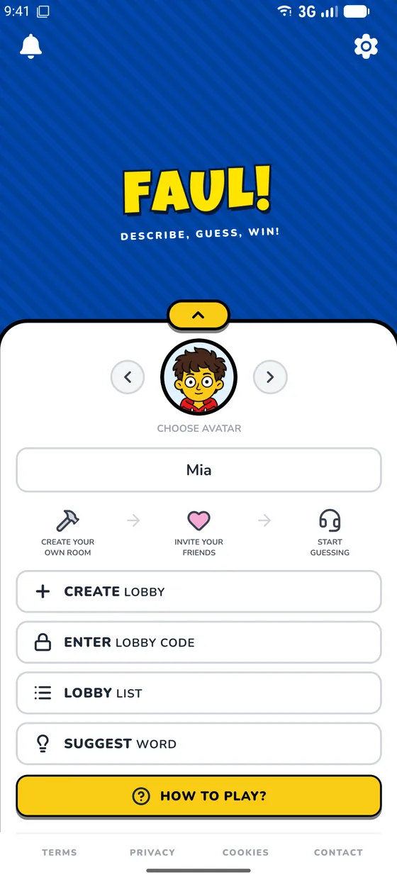 Faul! home screen with avatar picker and Create lobby button