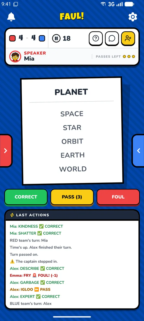 A Faul! round: the narrator's card PLANET with forbidden words space, star, orbit, earth, world
